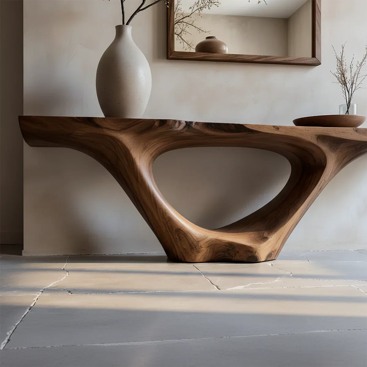 Designer walnut console table with sculpted arch base