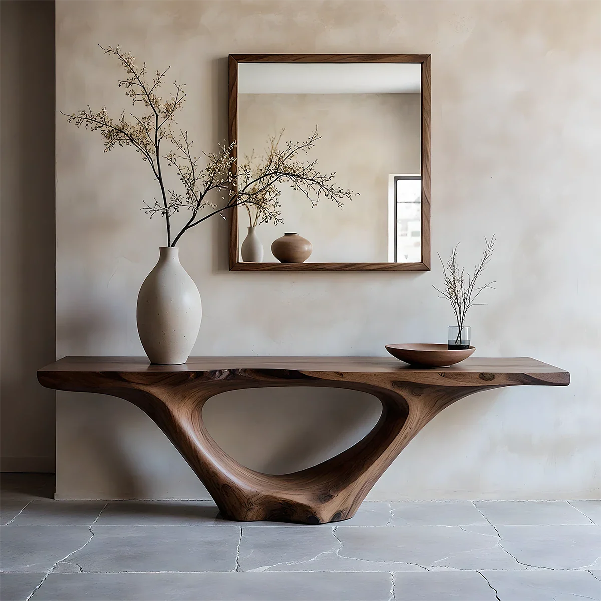 Modern Sculptural Console Table Natural Solid Wood Entryway Hollow Base