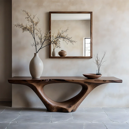 Modern Sculptural Console Table Natural Solid Wood Entryway Hollow Base