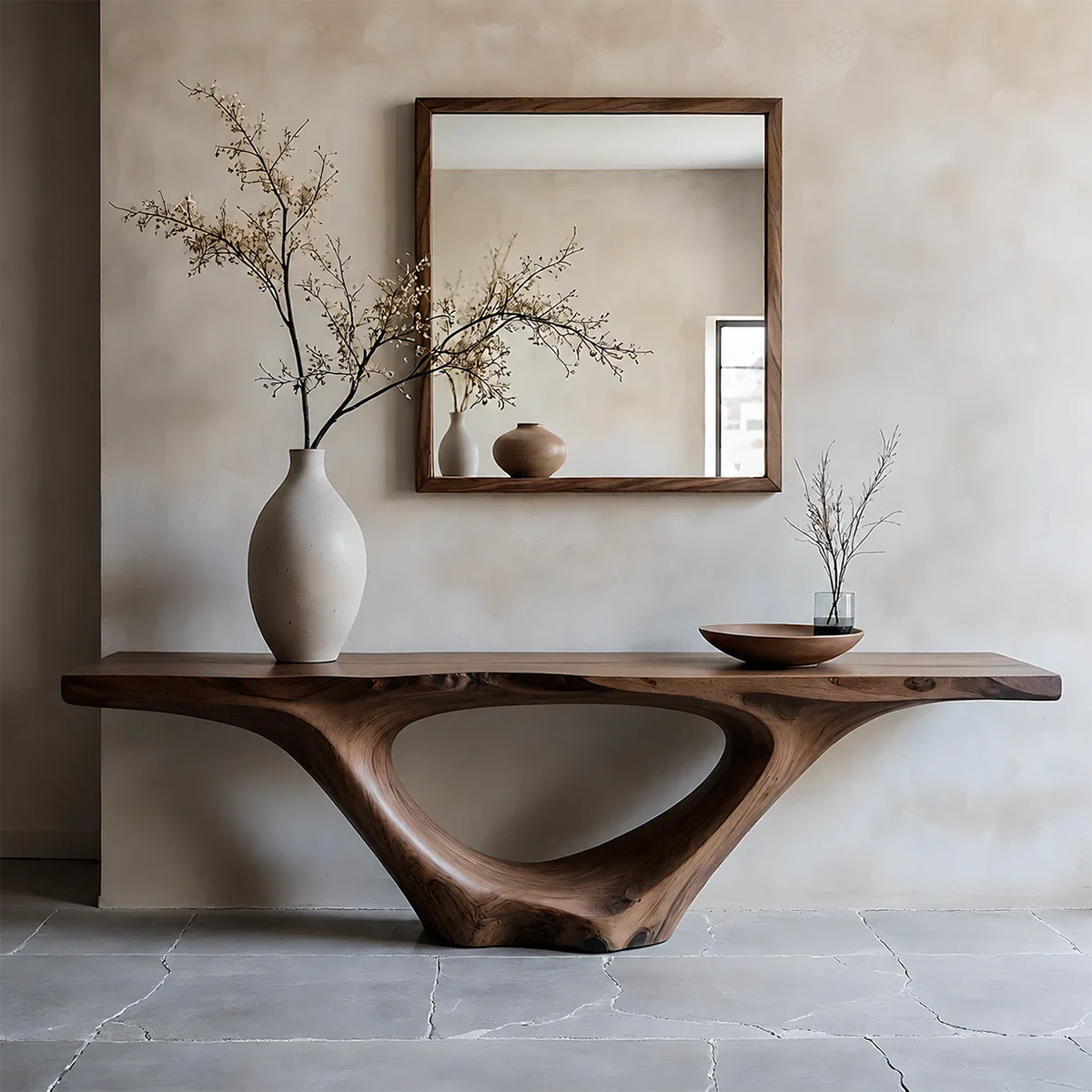Modern Sculptural Console Table Natural Solid Wood Entryway Hollow Base