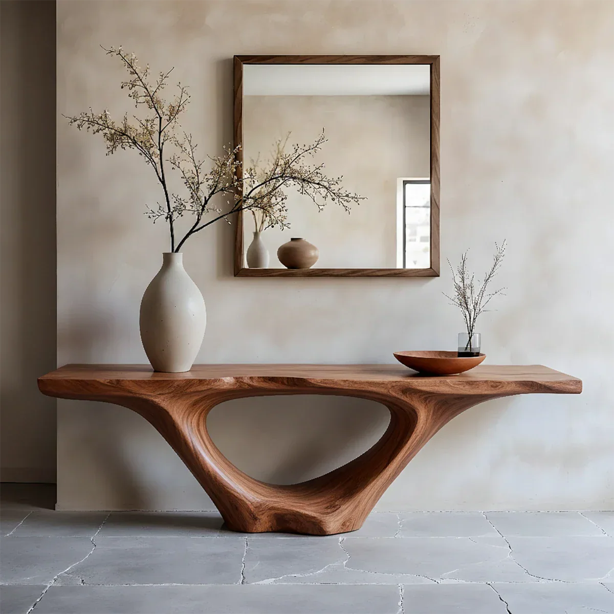 Artistic walnut console table with organic arch support
