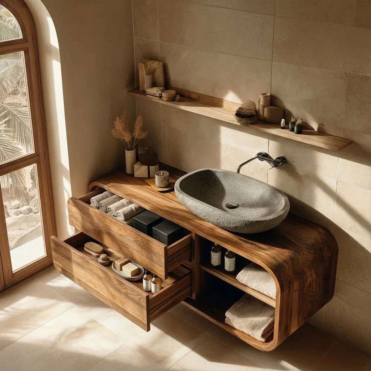 Minimal wood vanity with open storage shelf – modern wood vanity