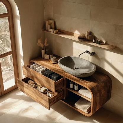 Minimal wood vanity with open storage shelf – modern wood vanity