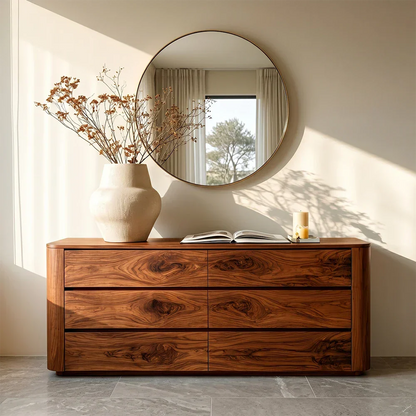 Contemporary buffet cabinet with low profile silhouette and spacious drawer organization
