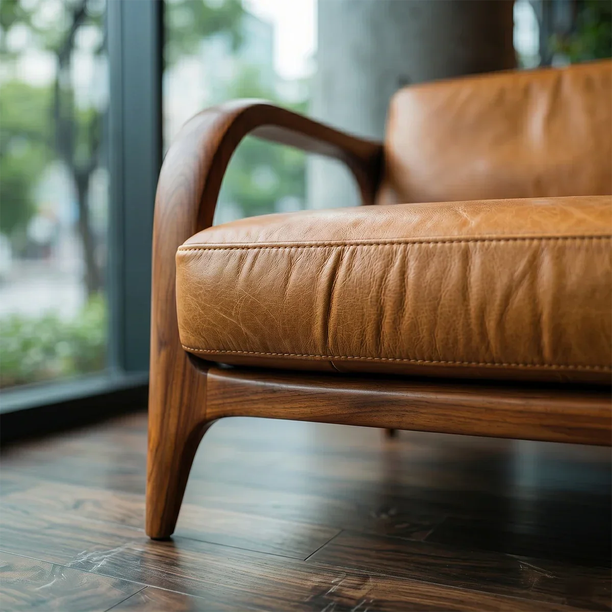 Minimalist 3 seater sofa with smooth leather upholstery and natural wood base in modern interior