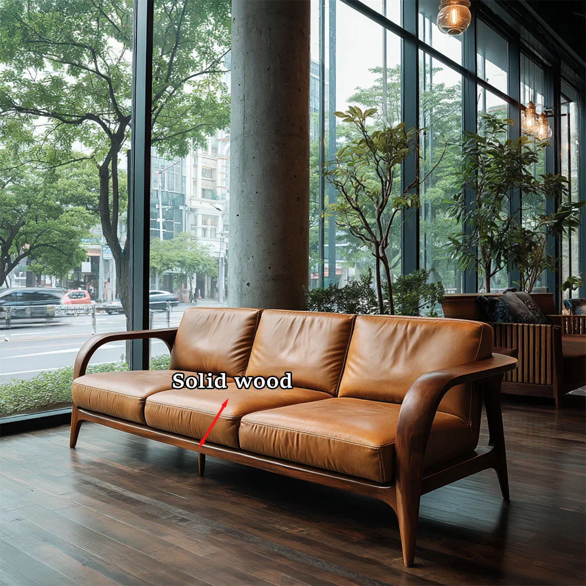 Refined modern couch with natural wood detailing and leather seating in bright architectural space