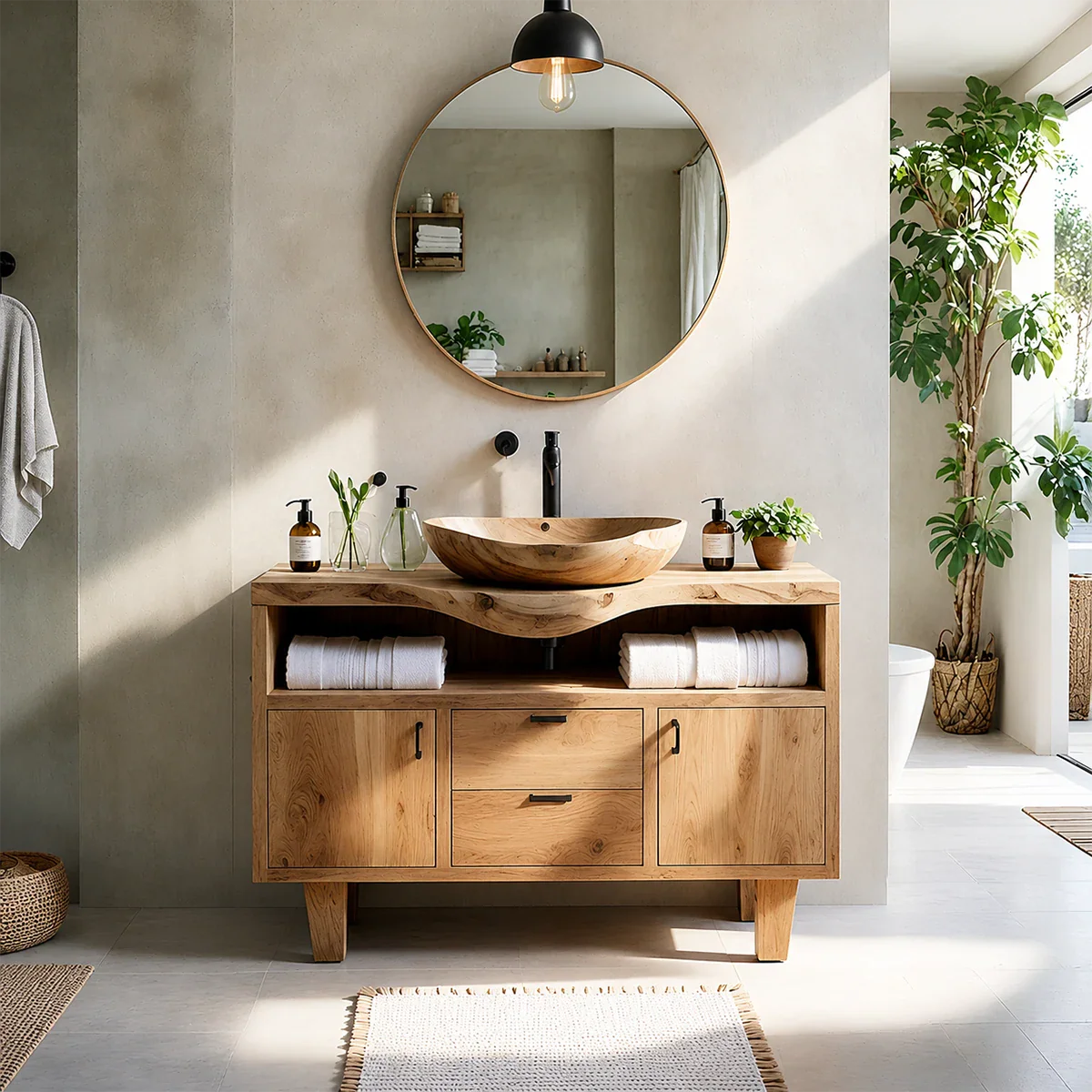 Natural Solid Wood Bathroom Vanity With Live Edge Counter And Storage