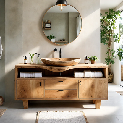 Natural Solid Wood Bathroom Vanity With Live Edge Counter And Storage