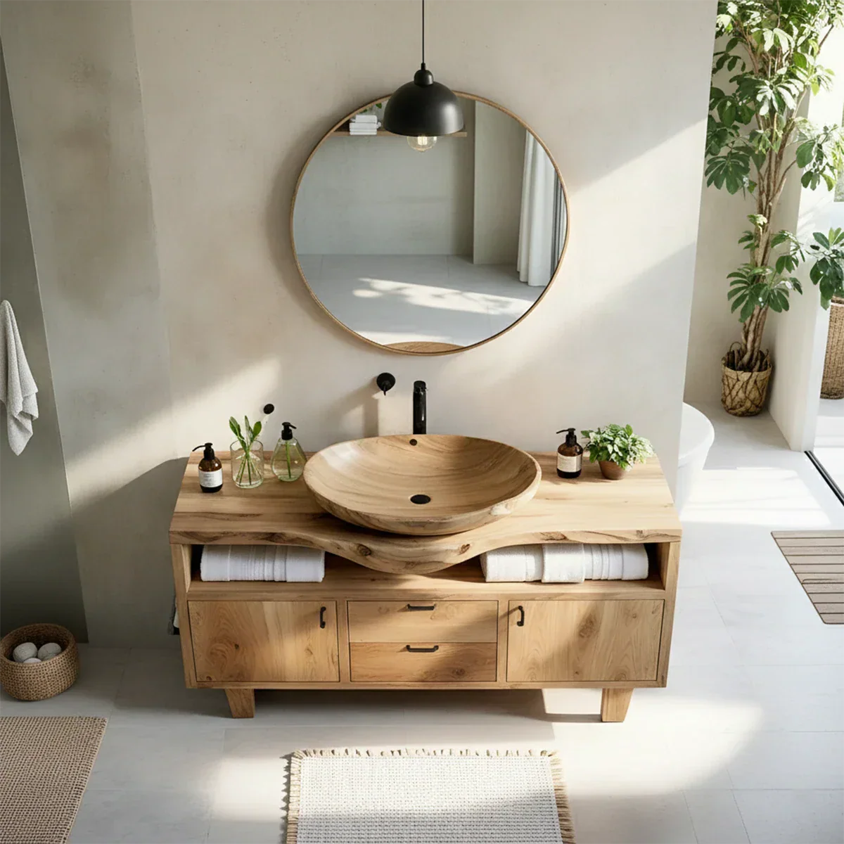 Elegant ash wood bathroom vanity with wooden vessel sink