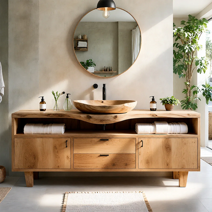 Natural Solid Wood Bathroom Vanity With Live Edge Counter And Storage