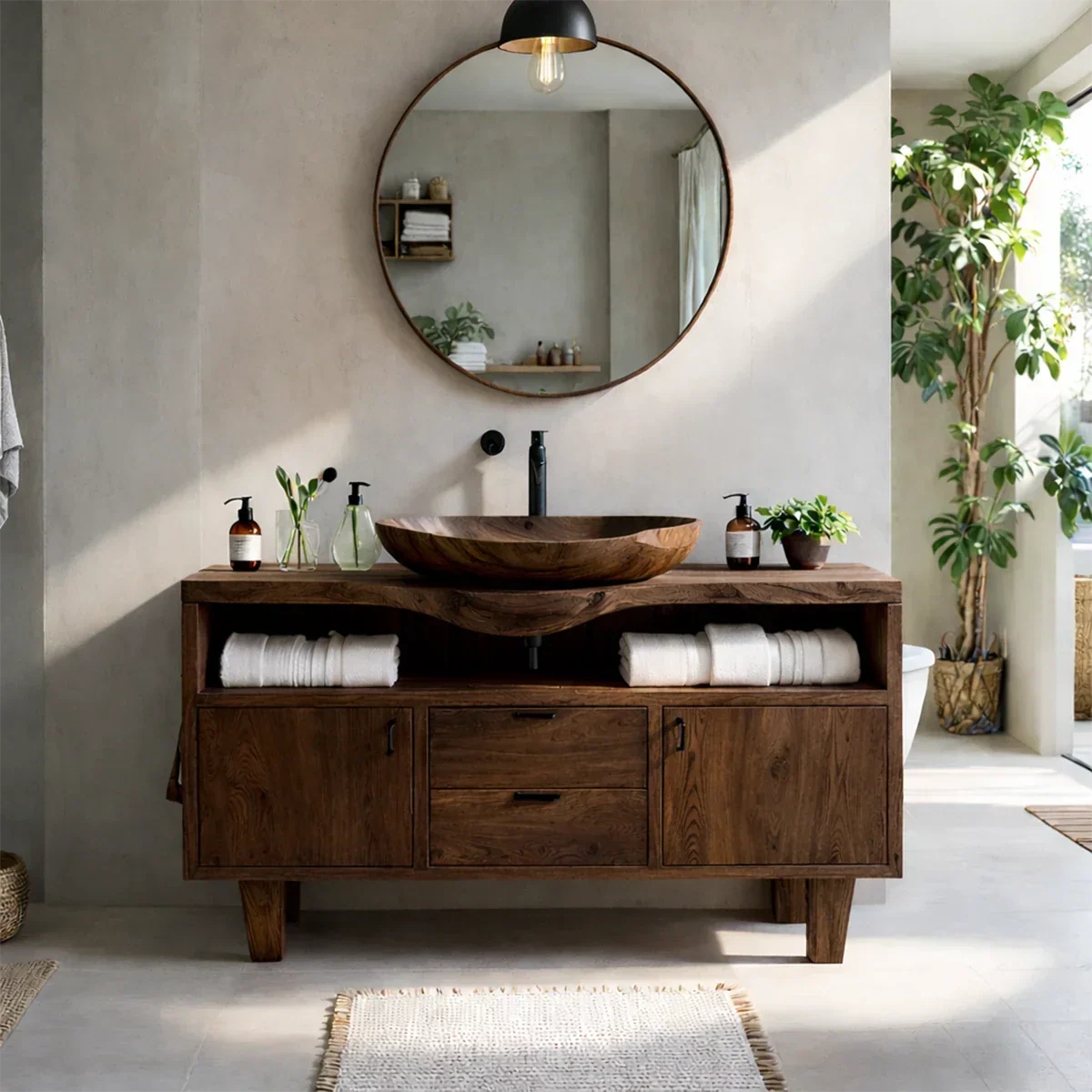 Minimal modern ash wood bathroom vanity with natural finish