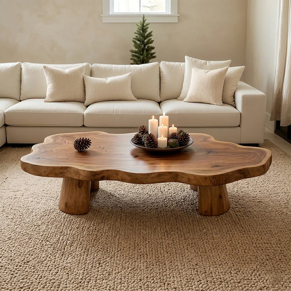 Beige sectional sofa with a wooden coffee table in a living room setting.