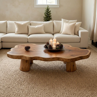 Beige sectional sofa with a wooden coffee table in a living room setting.