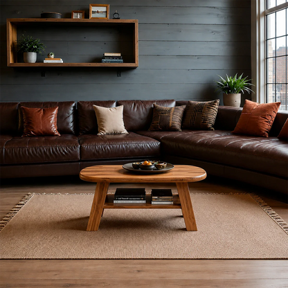 Solid Wood Coffee Table with Oval Shape and Open Shelf Storage