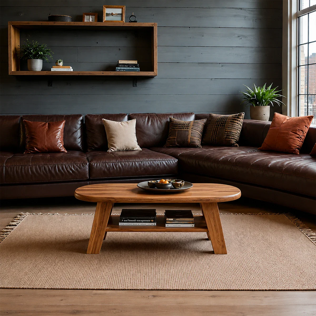 Solid Wood Coffee Table with Oval Shape and Open Shelf Storage