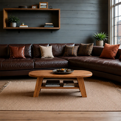 Solid Wood Coffee Table with Oval Shape and Open Shelf Storage