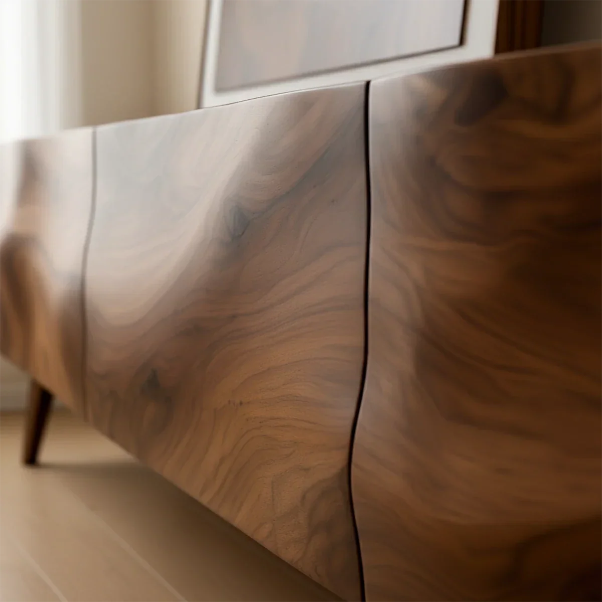 Modern TV stand in brown finish with natural grain pattern and low profile in a calm living space