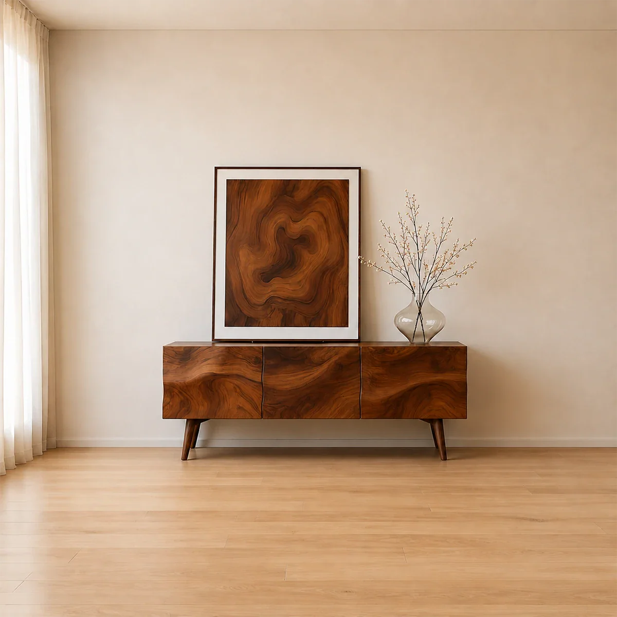 Solid Wood TV Stand with Sculpted Front Panels and Storage Compartments