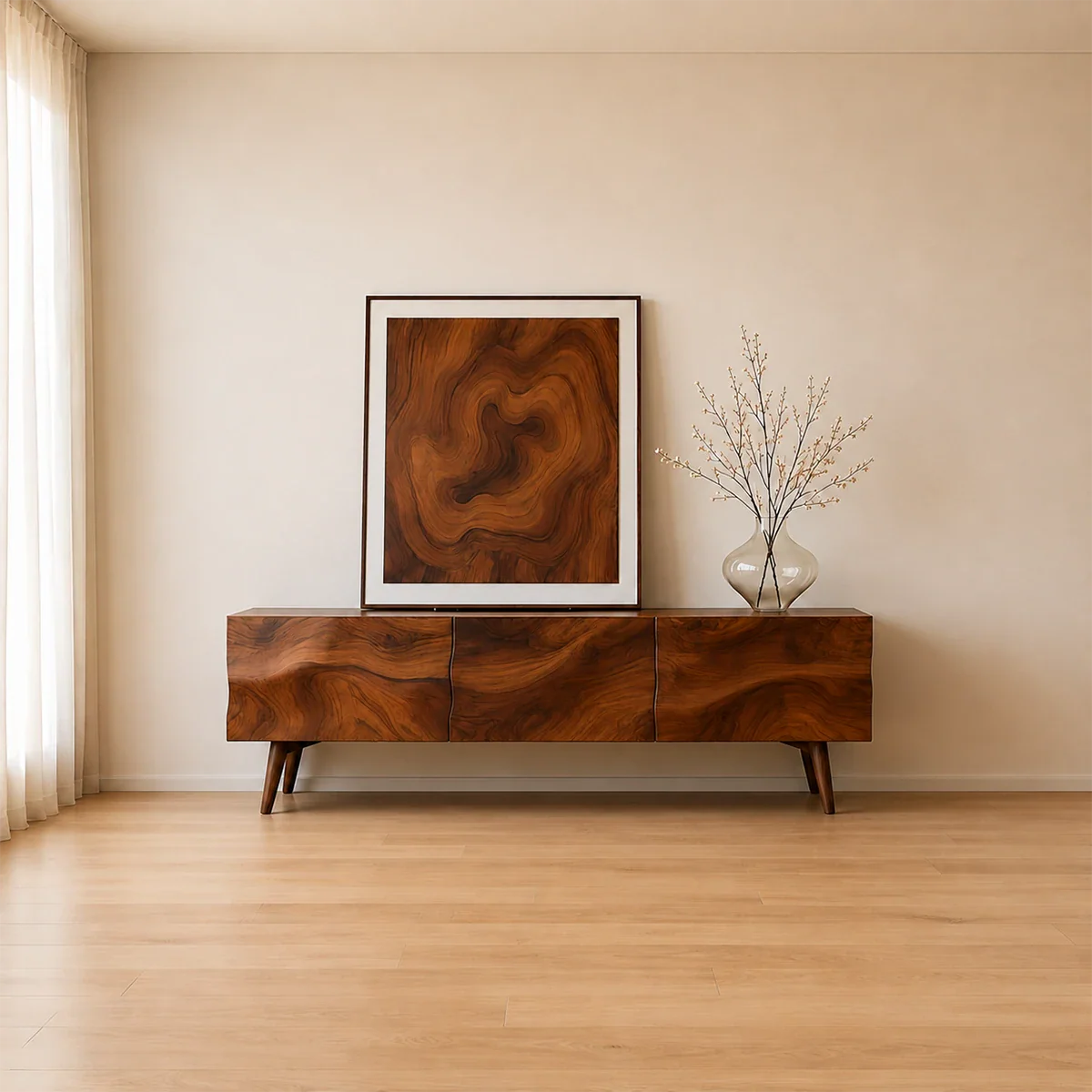 Solid Wood TV Stand with Sculpted Front Panels and Storage Compartments