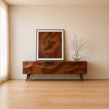 Solid Wood TV Stand with Sculpted Front Panels and Storage Compartments