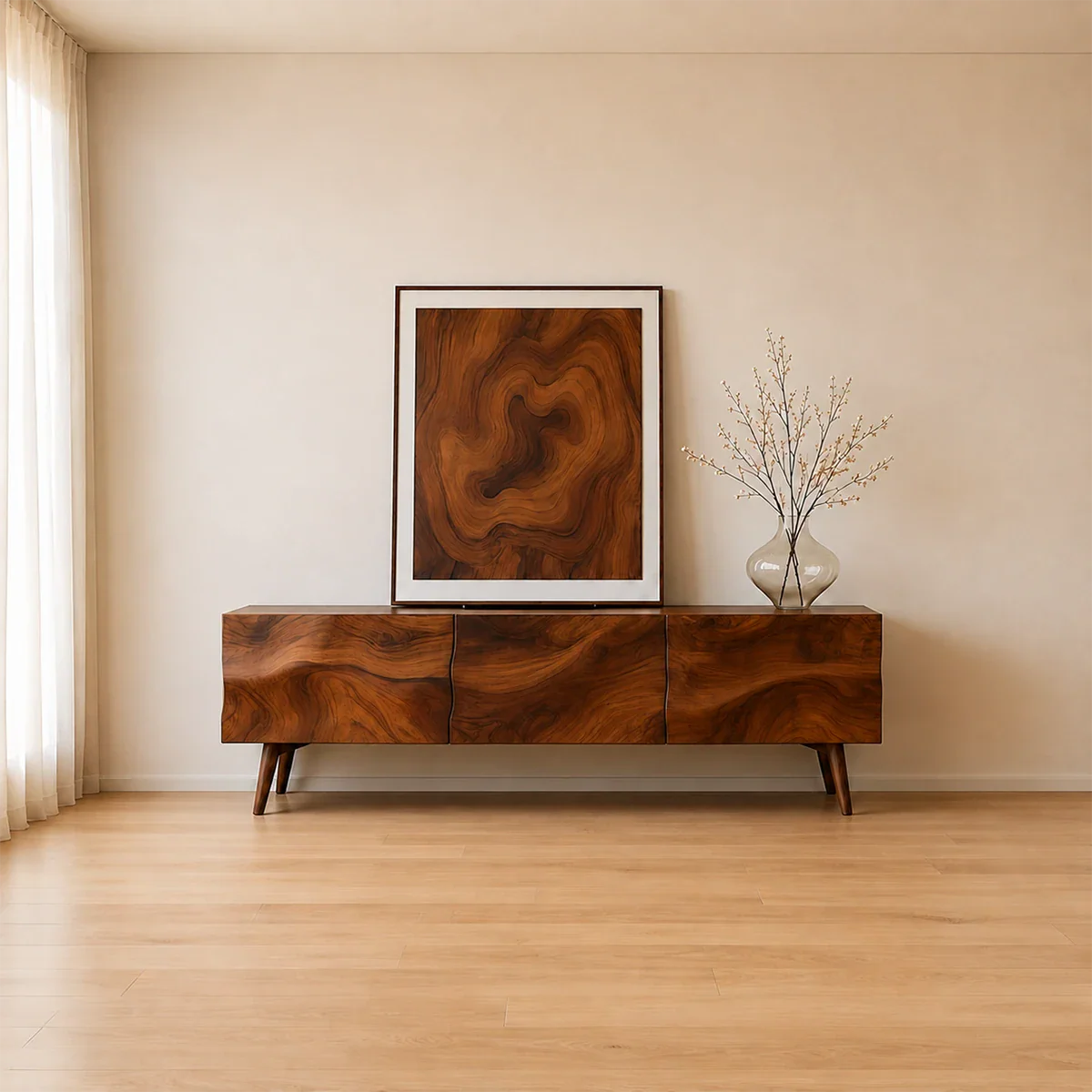 Solid Wood TV Stand with Sculpted Front Panels and Storage Compartments