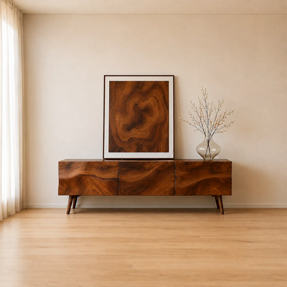 Solid Wood TV Stand with Sculpted Front Panels and Storage Compartments