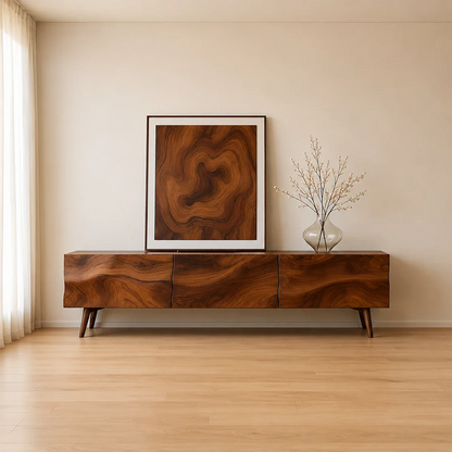 Solid Wood TV Stand with Sculpted Front Panels and Storage Compartments