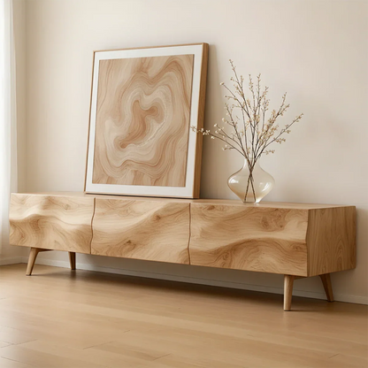 TV stand in oak finish with natural grain visual and minimalist form in a warm interior