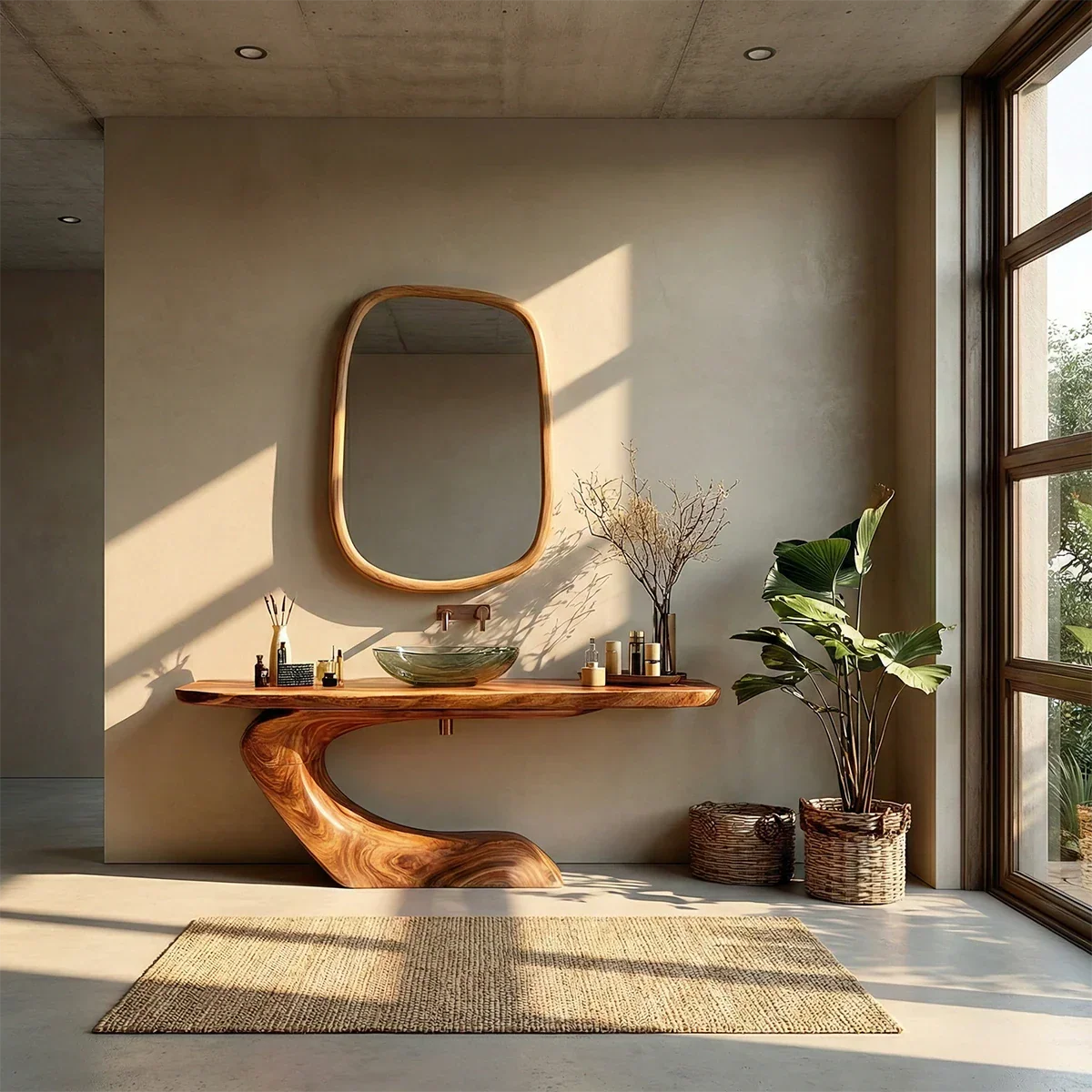 Elegant interior featuring solid wood bathroom vanity with curved base.