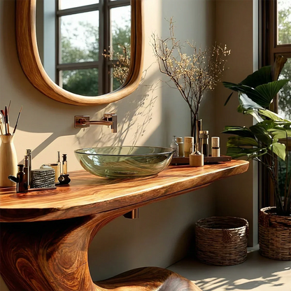 Minimal space with brown bathroom vanity cabinet and wall mirror.