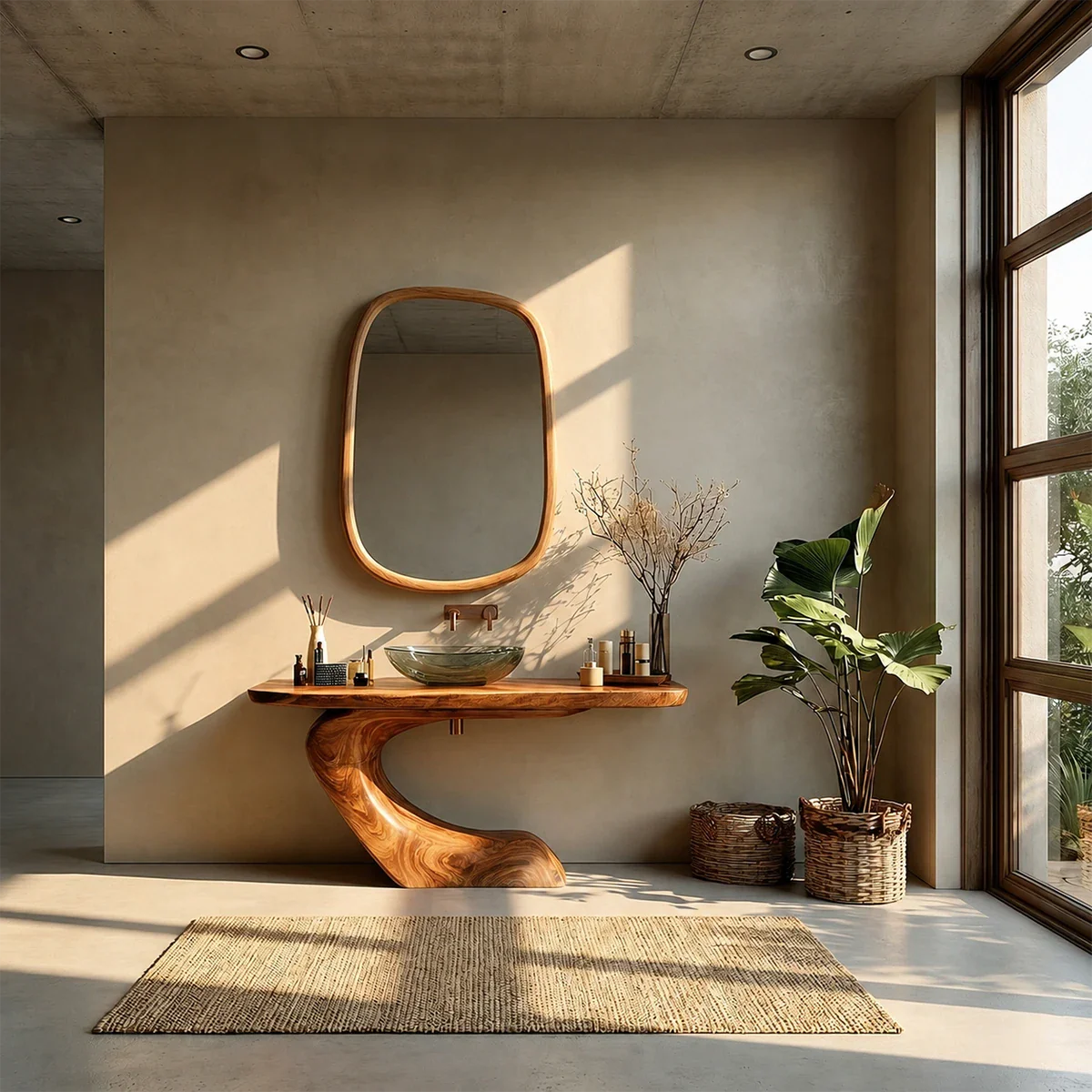 Organic Curve Bathroom Vanity Natural Solid Wood Sculptural Base