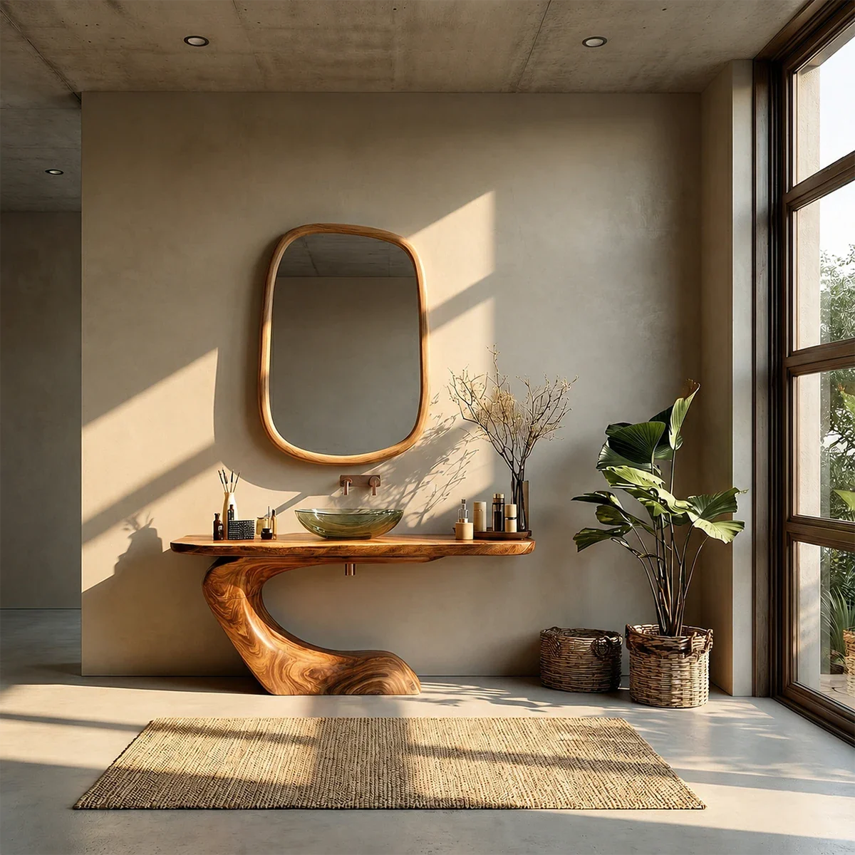 Organic Curve Bathroom Vanity Natural Solid Wood Sculptural Base