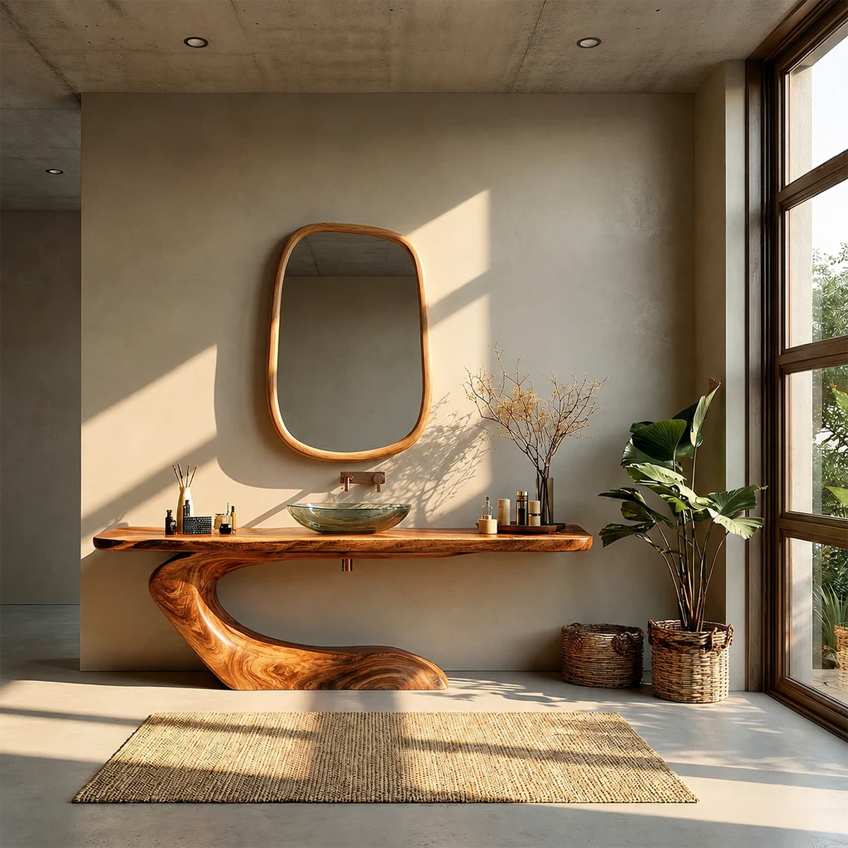 Organic Curve Bathroom Vanity Natural Solid Wood Sculptural Base
