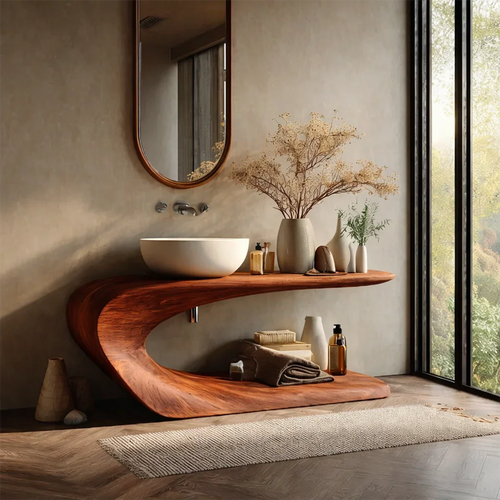 Modern brown wood bathroom vanity with curved C shape