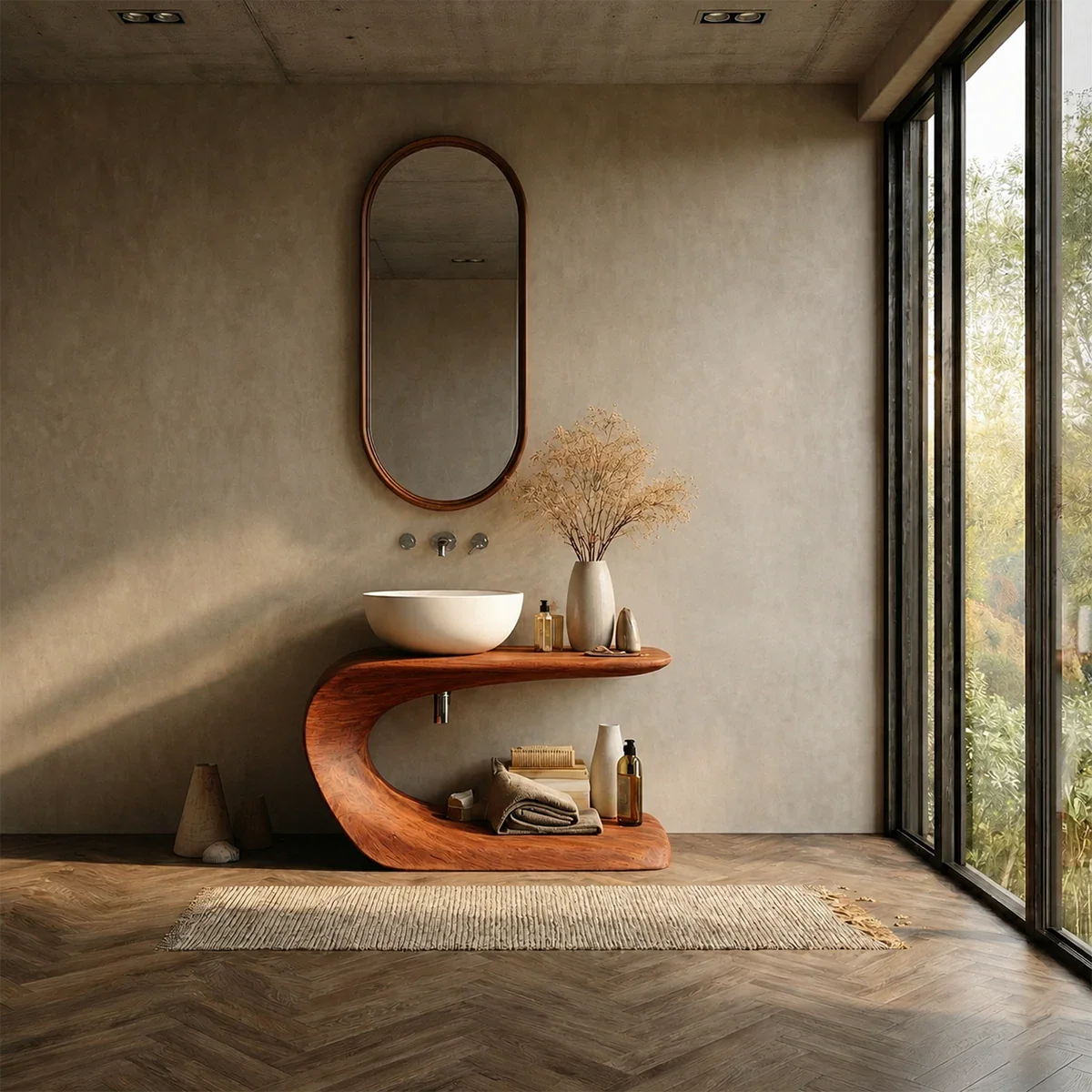 Integrated Shelf Bathroom Vanity Natural Solid Wood Curved Sculptural Form