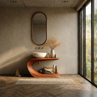 Integrated Shelf Bathroom Vanity Natural Solid Wood Curved Sculptural Form