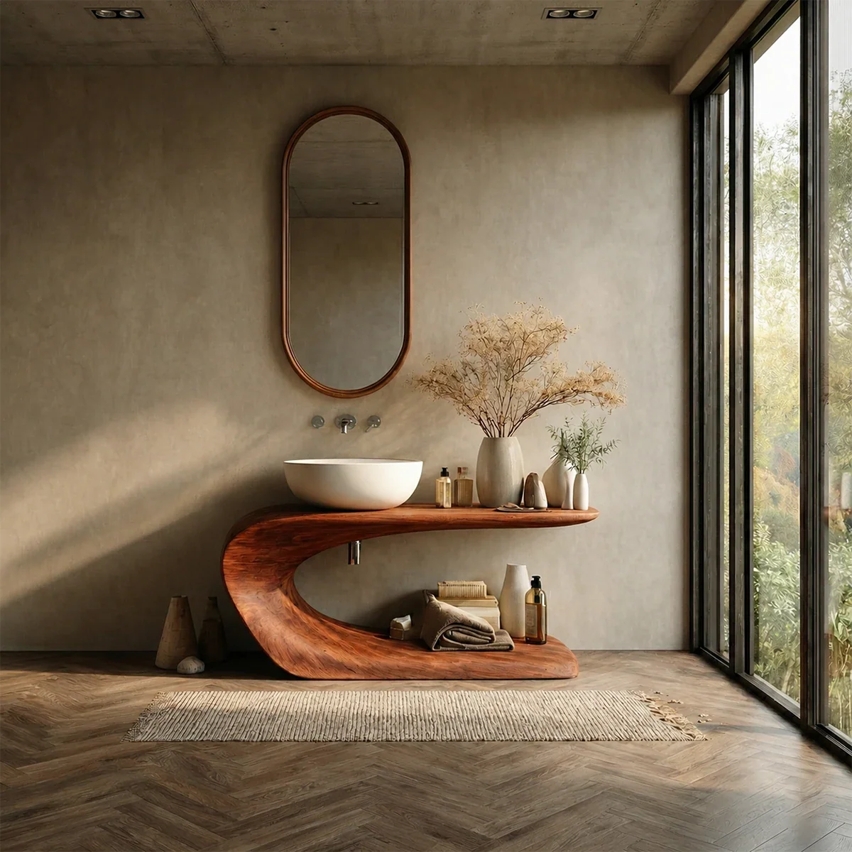 Integrated Shelf Bathroom Vanity Natural Solid Wood Curved Sculptural Form