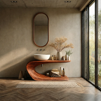 Integrated Shelf Bathroom Vanity Natural Solid Wood Curved Sculptural Form