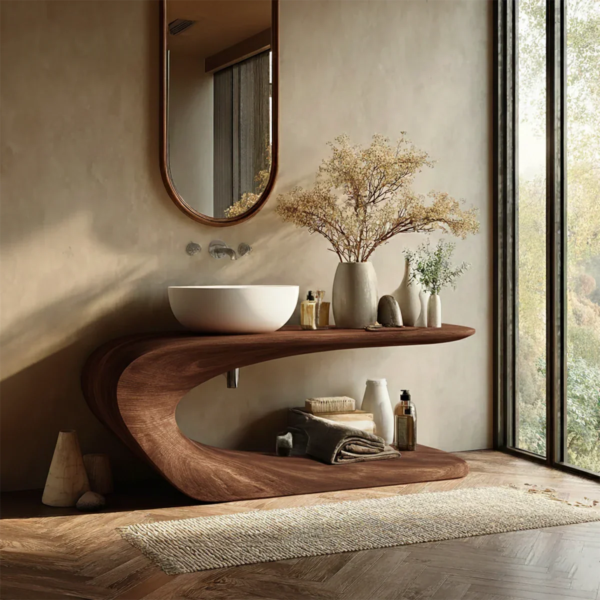 Designer brown wood vanity with smooth curved base