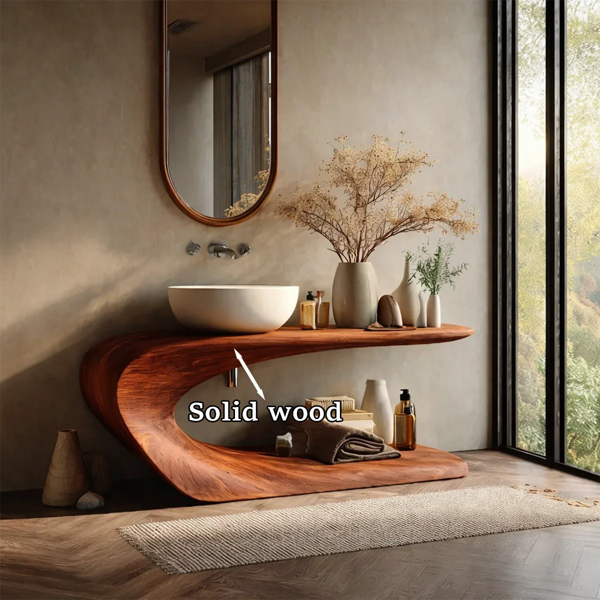 Floating style brown vanity with curved wood support