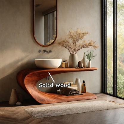 Floating style brown vanity with curved wood support