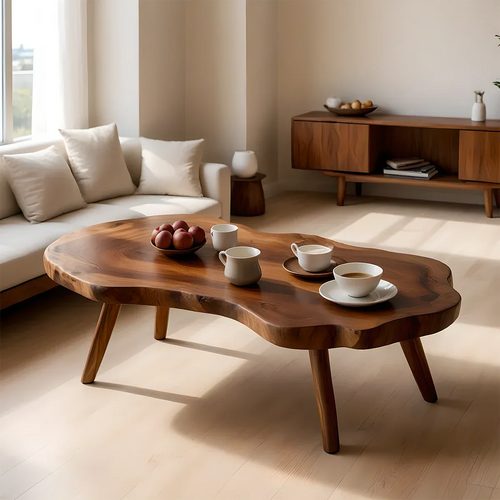 Modern brown coffee table with sculpted platform base