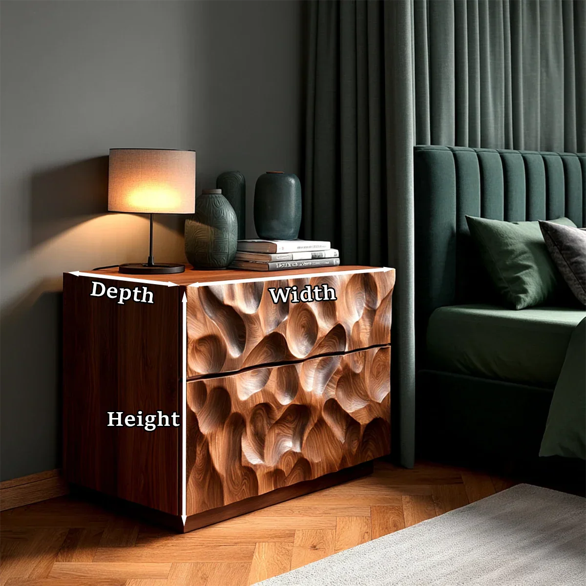 Statement bedroom nightstand designed with handcrafted style carving and refined brown tone finish