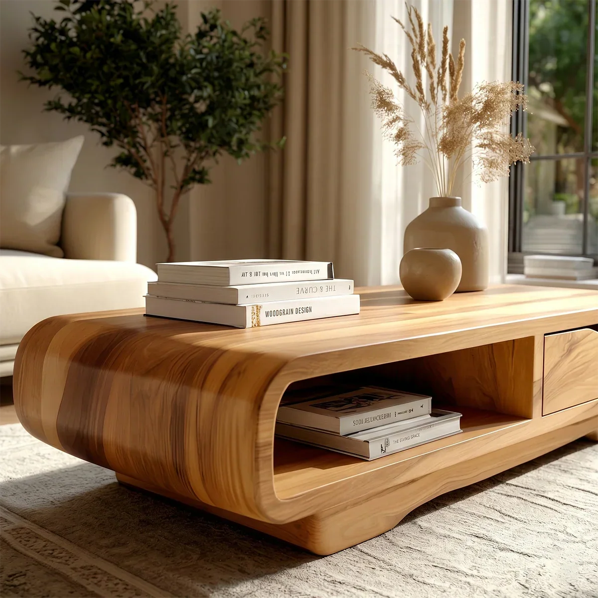 Minimalist coffee table with built-in shelf and smooth rounded design for modern interiors