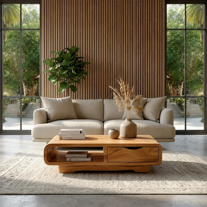 Coffee Table with Drawer and Open Shelf – Natural Wood Table for Modern Living Room