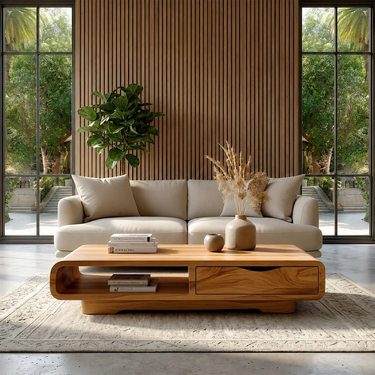 Coffee Table with Drawer and Open Shelf – Natural Wood Table for Modern Living Room