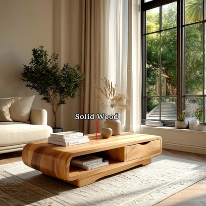 Designer coffee table with curved profile and built-in storage for contemporary spaces
