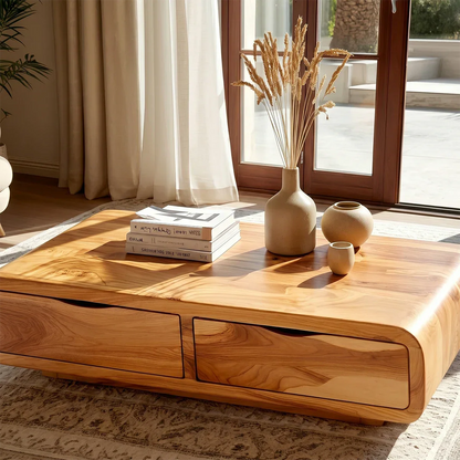 Low profile coffee table with integrated drawers for organized and clutter-free living spaces