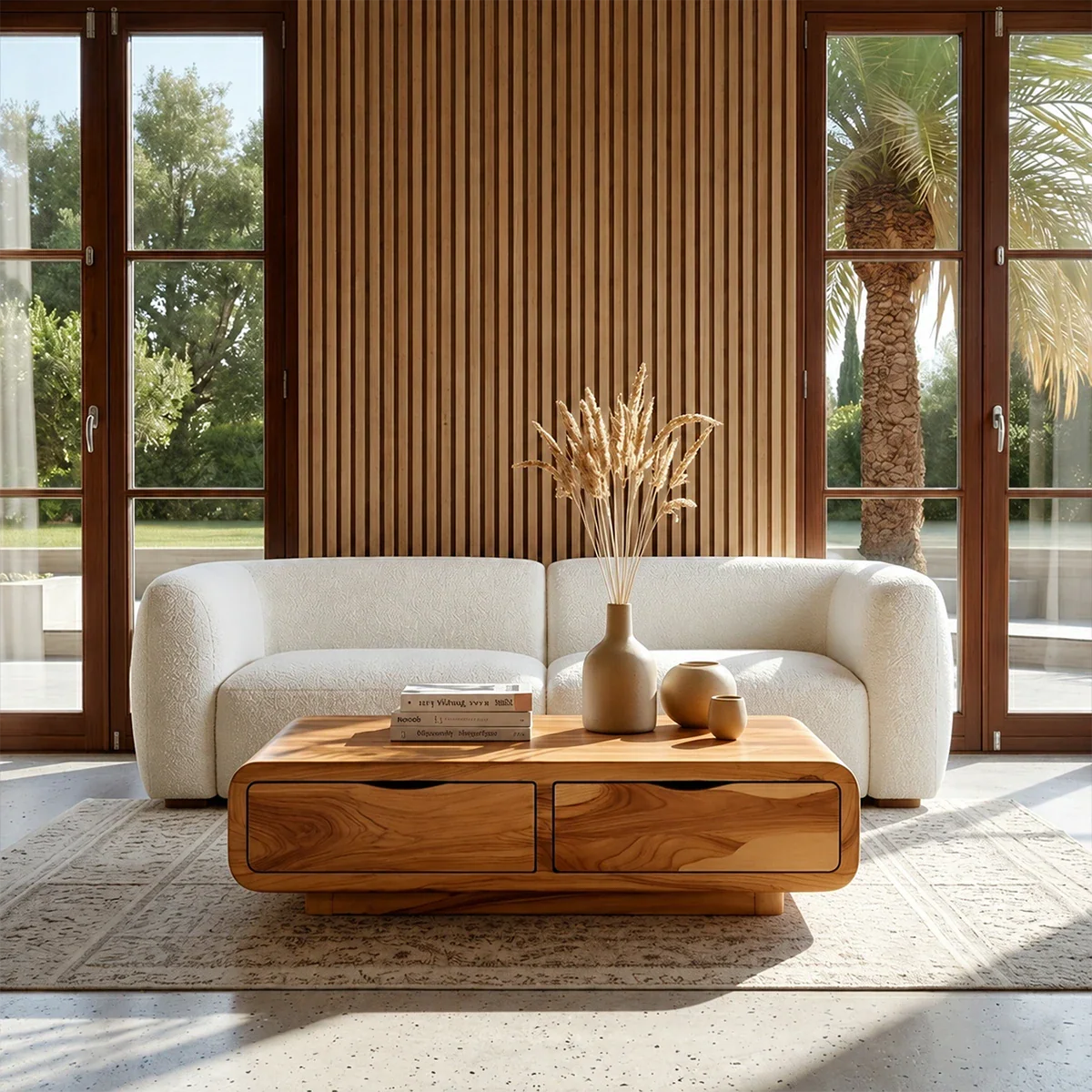 Modern Coffee Table with Storage Drawers – Natural Wood Center Table for Living Room