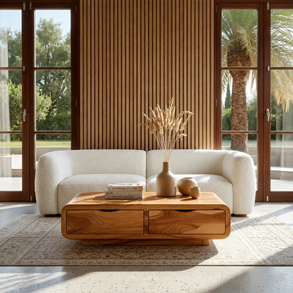 Modern Coffee Table with Storage Drawers – Natural Wood Center Table for Living Room